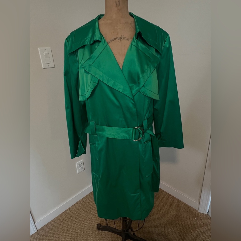 NY Collection Emerald Green Satin Trench Coat